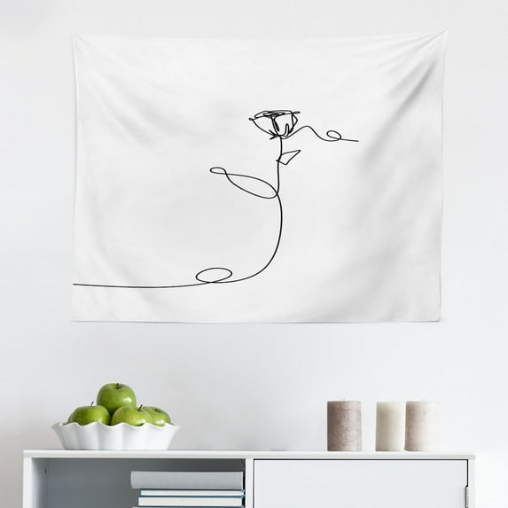 Minimalist Tapestry, Monochrome One Line Art Drawing Rose and Leafs with Colored Petals, Fabric Wall Hanging Decor for Bedroom Living Room Dorm, 2 Sizes, White and Burnt Sienna, by Ambesonne