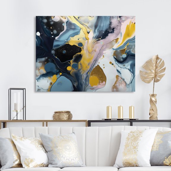 Designart "Yellow And Blue Fluid Stone II" Abstract Marble Wall Art For Bathroom