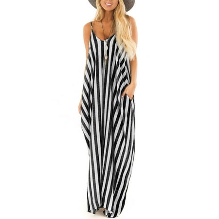 Magnolia Strap Dress JustVH Women's V-Neck Striped Spaghetti Strap Maxi Dress Long Sundress with Pockets ()
