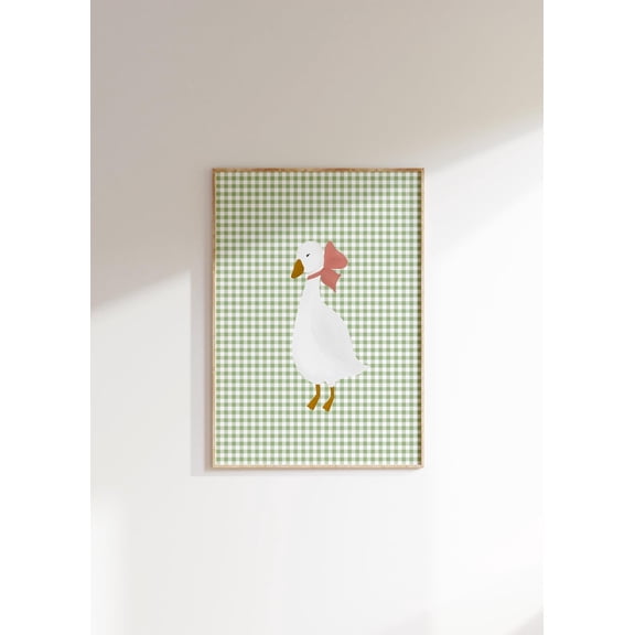 Girls Room Goose Wall Art Coquette Room Decor Cottagecore Nursery Little Girls Room Goose Print Gingham Wall Art Preppy Nursery Art Pink Bow Wall Art, Modern Wall Decor, 8x12 UNFRAMED