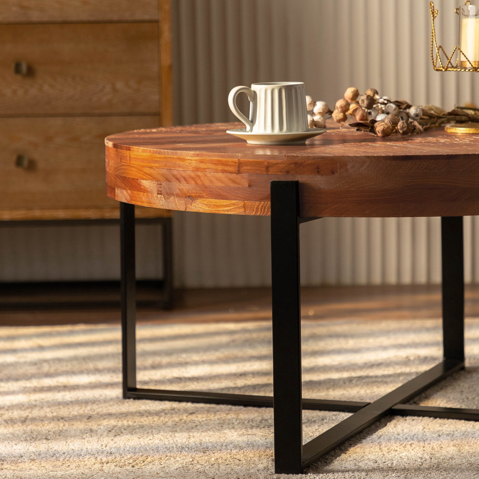 Shunda K Modern Round Wood Coffee Table with Metal Legs, Brown/Black