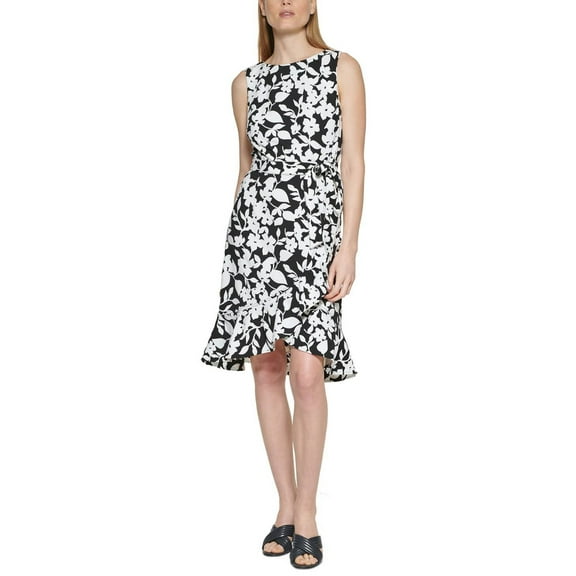 Calvin Klein Women's Black Floral Print Ruffled-Hem Dress Size 6