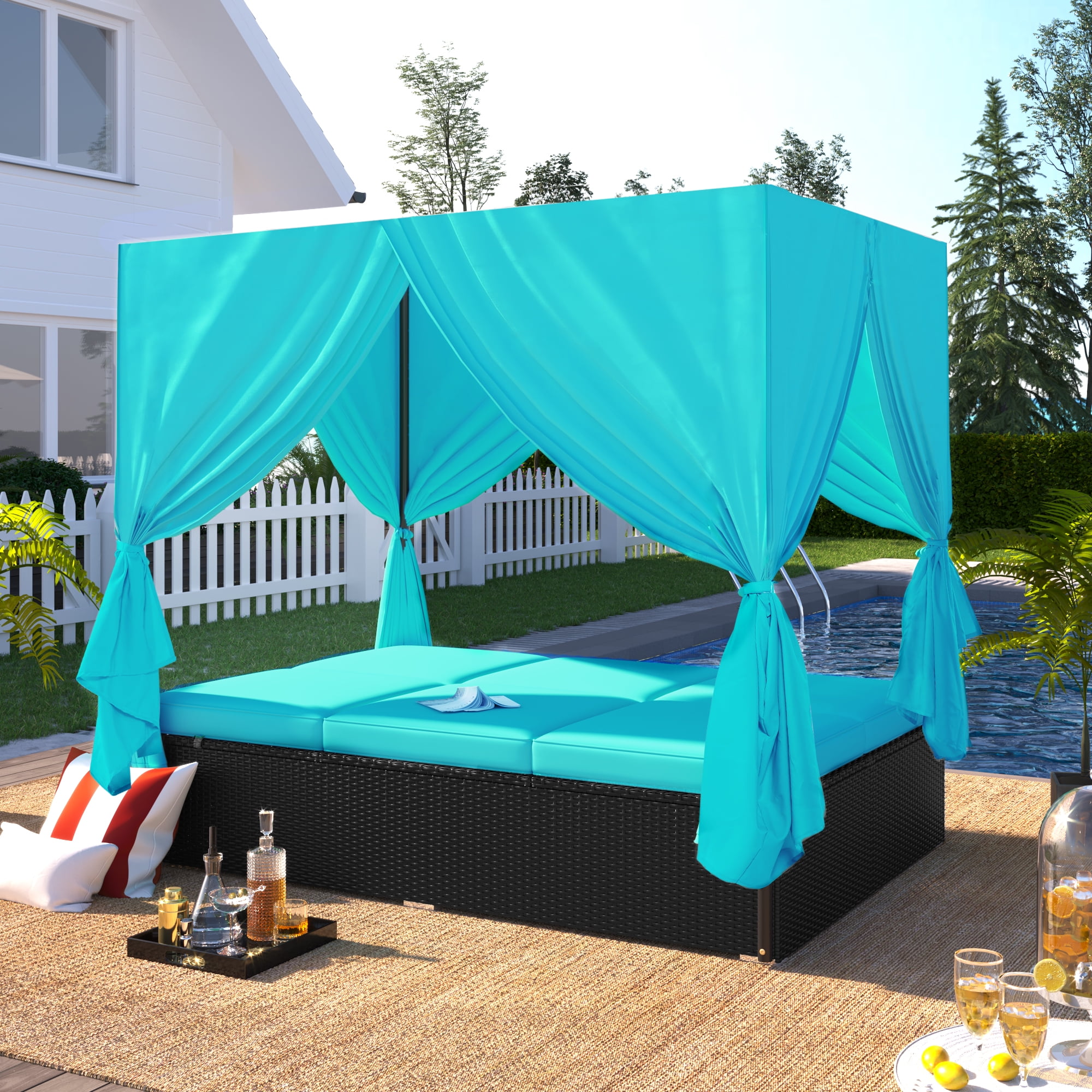 YIORTWO Outdoor Double Chaise Lounge Daybed with Curtains, Adjustable Backrest & Footrest, Steel Frame Loveseat Sofa for Backyard Poolside, Blue