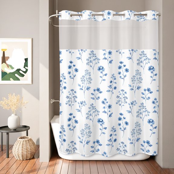 Small Wildflowers Shower Curtain, Rustic Floral Blue Flower Leaves Botanical Waterproof No Hooks Bath Shower Curtain with See Through Top Window for Bathroom Bathtub 72x84in