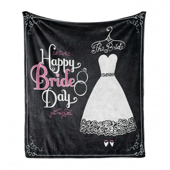 Bridal Shower Soft Flannel Fleece Throw Blanket, Happy Bride Day Words Wedding Dress Swirls Celebration Art Print, Cozy Plush for Indoor and Outdoor Use, 50" x 60", Black White and Pink, by Ambesonne