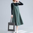thumbnail image 4 of Cotton Linen Pina fore Dress Wide Straps Buttoned Chest Pockets Open Back A Line Casual Loose Overall Dress, 4 of 7