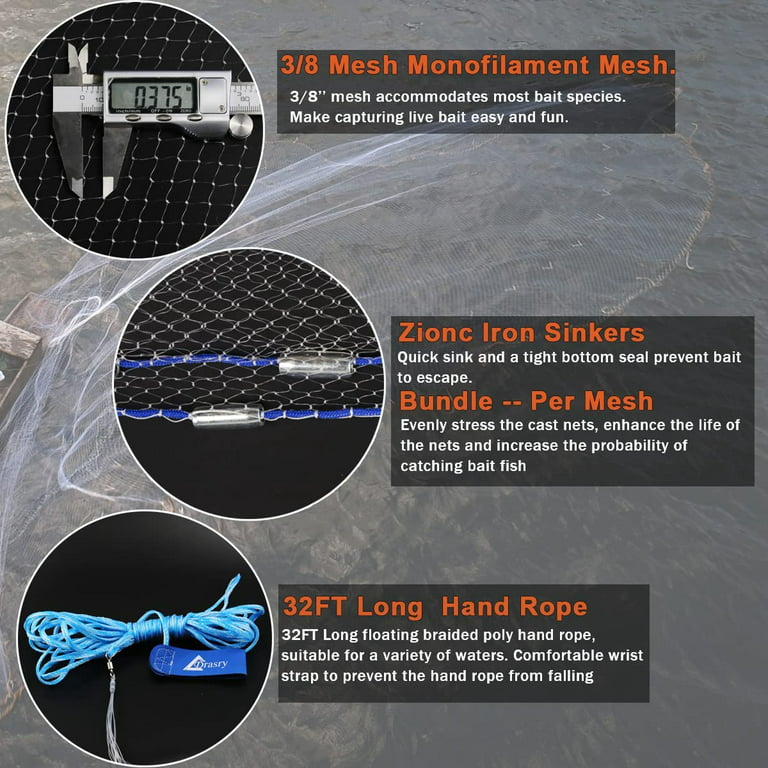 Saltwater Fishing Cast Net with for Bait Trap Fish Throw Net. Size  4ft/5ft/6ft/7ft/8ft Radius Tire Lines Freshwater Casting Nets