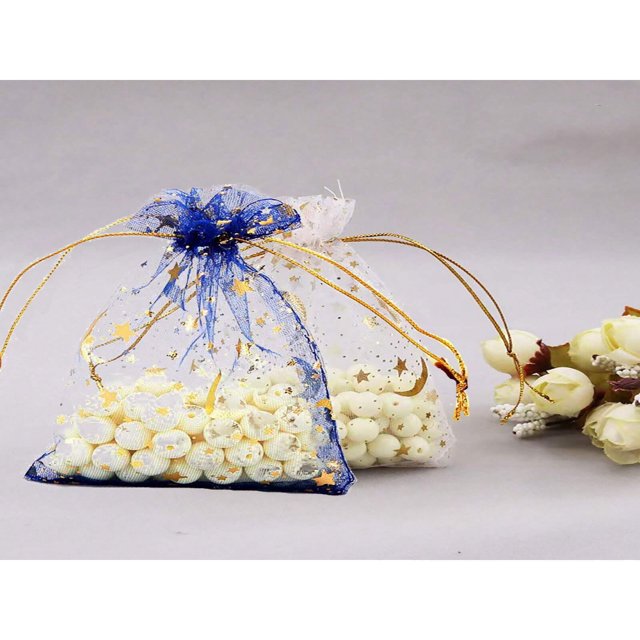 CHOK 10pcs Organza Gold Foil Jewelry Packaging Bags Star & Moon Patterned Drawstring Gift Pouches