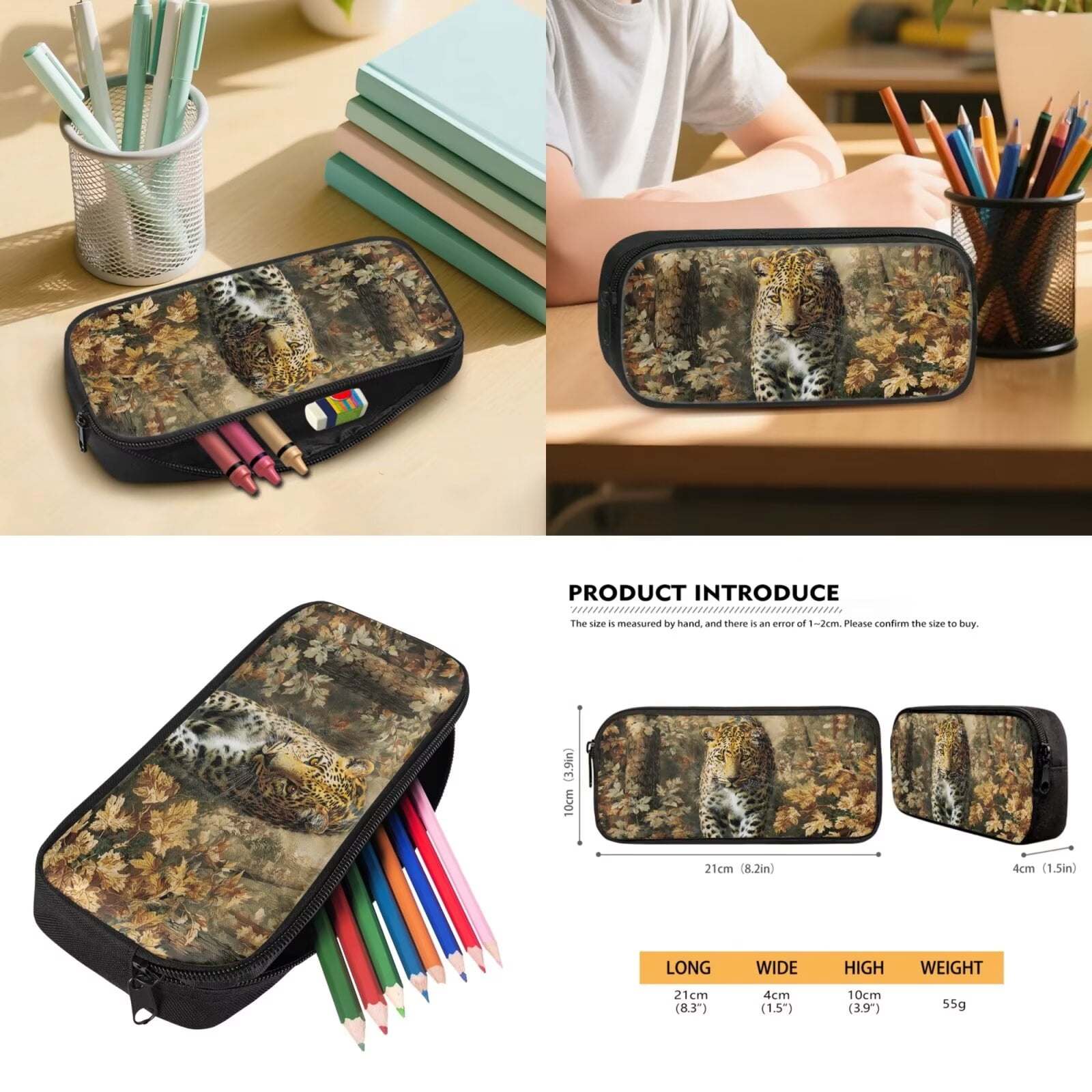 Pzuqiu Cute Leopard Print Kids Backpack and Lunch Box Set 5 Piece Large Lightweight School Bag Set with Pencil Case Water Bottle Bag for Elementary Boys Girls Daily School Use