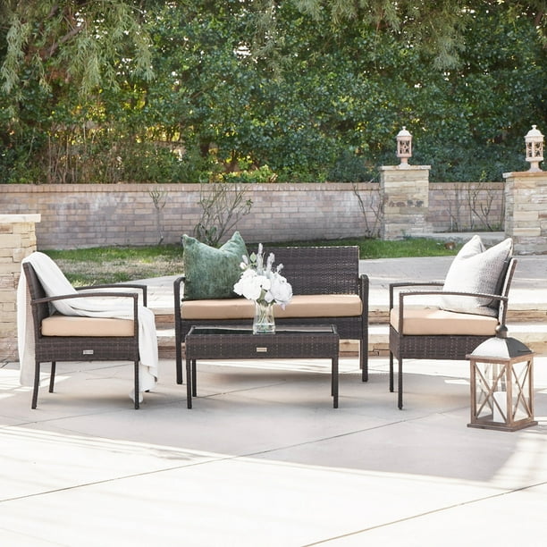 BELLEZE 4 Piece Patio Outdoor Rattan Patio Set 4 PC Furniture Outdoor