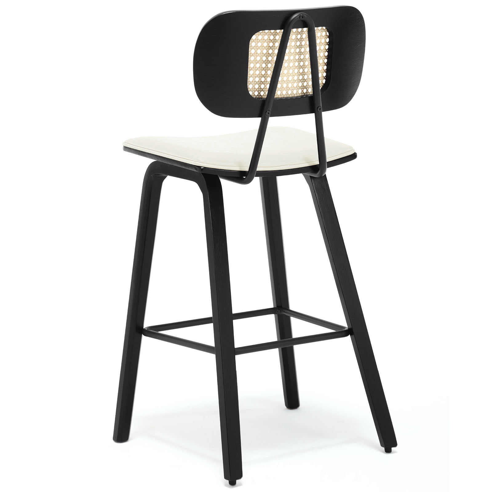WOOW DEPOT PU Bar Stools 26" Counter Height w/ Rattan Back Set of 1, Modern Black Bent Wood Bartool Leather Upholstered Chair for Kitchen Pub Island Dining Room