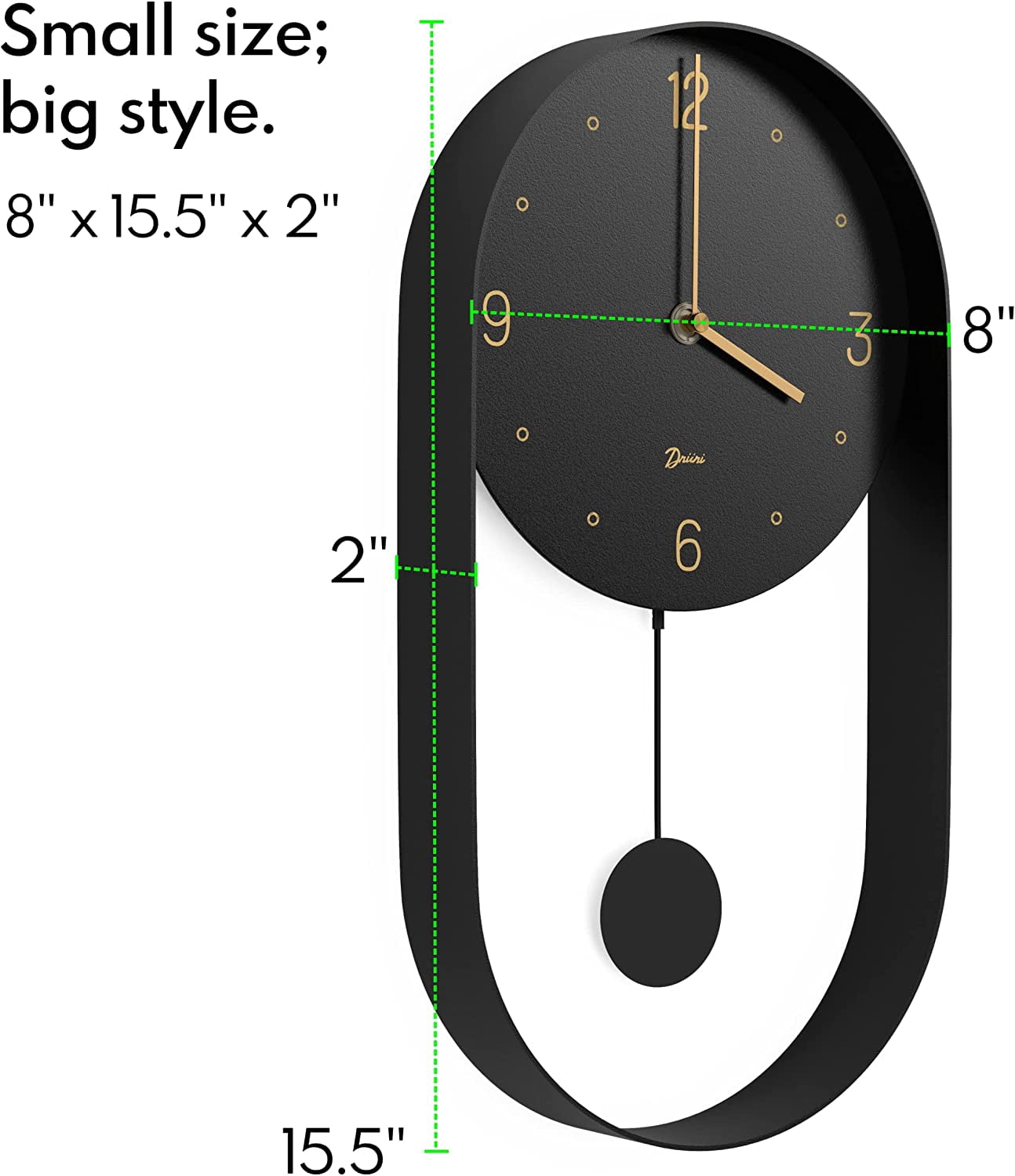 Driini Modern Pendulum Wall Clock - Decorative and Unique Metal Frame, with 8 Inch Face - Contemporary, Minimalist Design, with Silent Battery Operation - Includes Both Black and Gold Pendelum