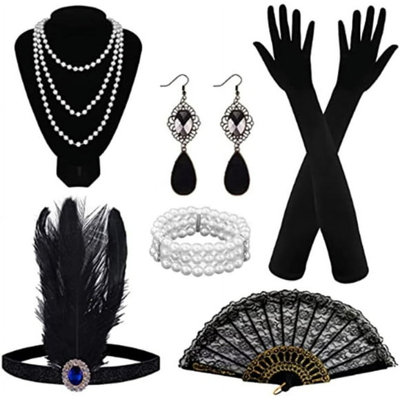 HUGFEGWE 1920s Great Gatsby Accessories Set, Flapper Costume Accessories Rhinestones Pearls Necklaces Gloves Earrings Headband CJB91-98767