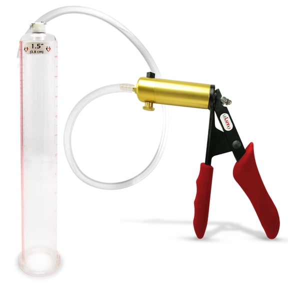 LeLuv Ultima Penis Pump, Brass w/ Red Handle, Silicone Grip, Clear Hose | 12" x 1.50" Cylinder