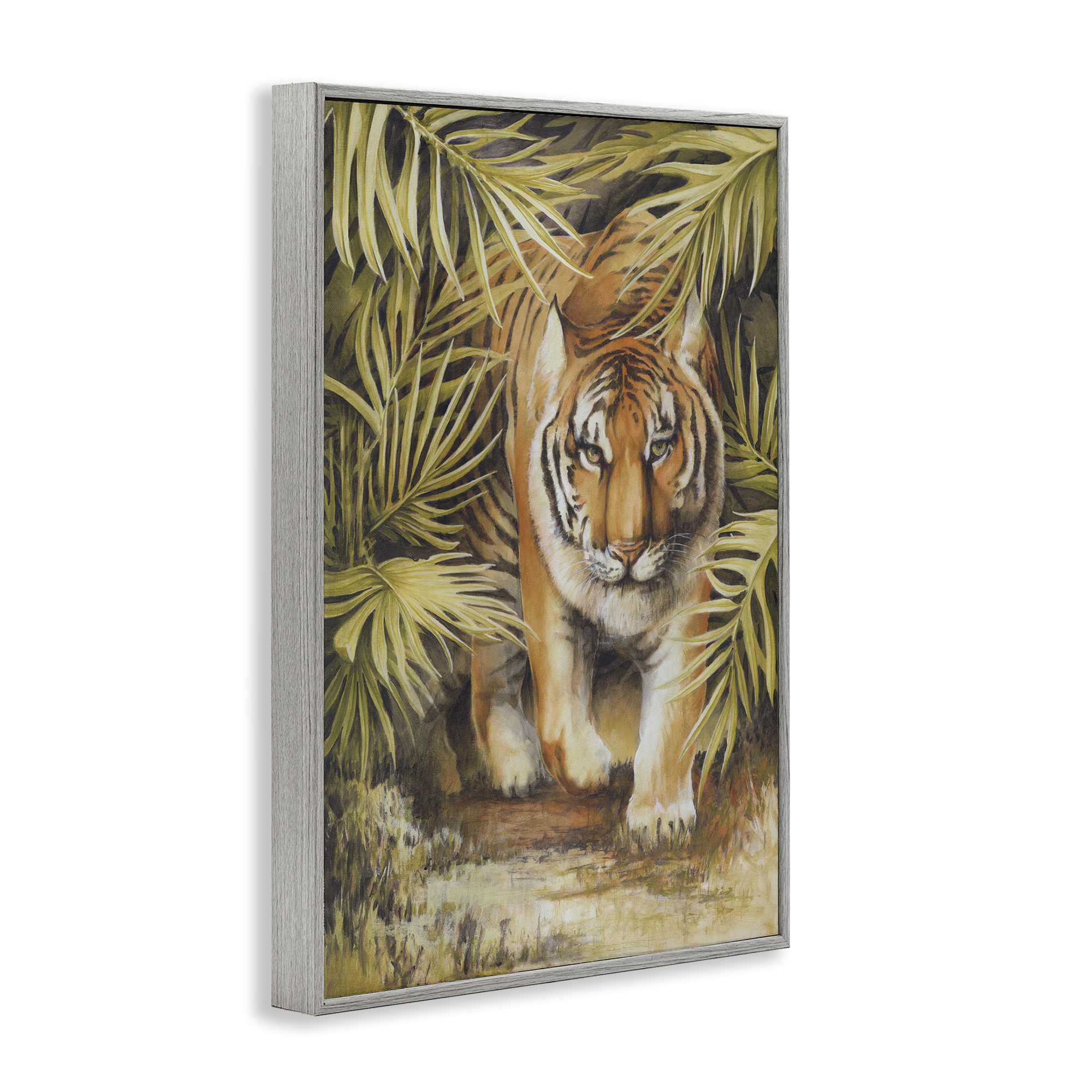 Stupell Industries Tiger Prowling Through Leaves Animals & Insects Painting Gray Framed Art Print Wall Art, 20 x 30
