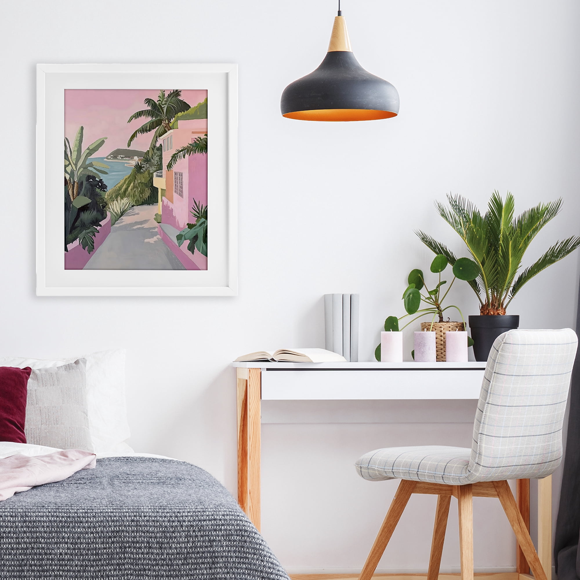 Stupell Industries Mediterranean Pink Coastal House White Framed Print Under Glass, design by The Prints Vibe