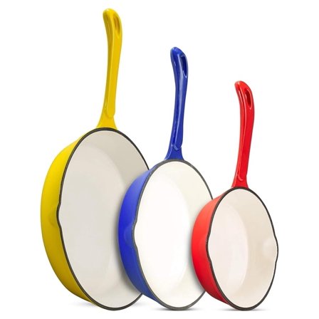 Klee Enameled Cast Iron Skillet, Set of 3 (7-inch, 8.5-inch, 10-inch) - Multipurpose Cooking Pan with Porcelain Enamel Coating and Pour Spout - Safe in Any and Oven Up To 500°F