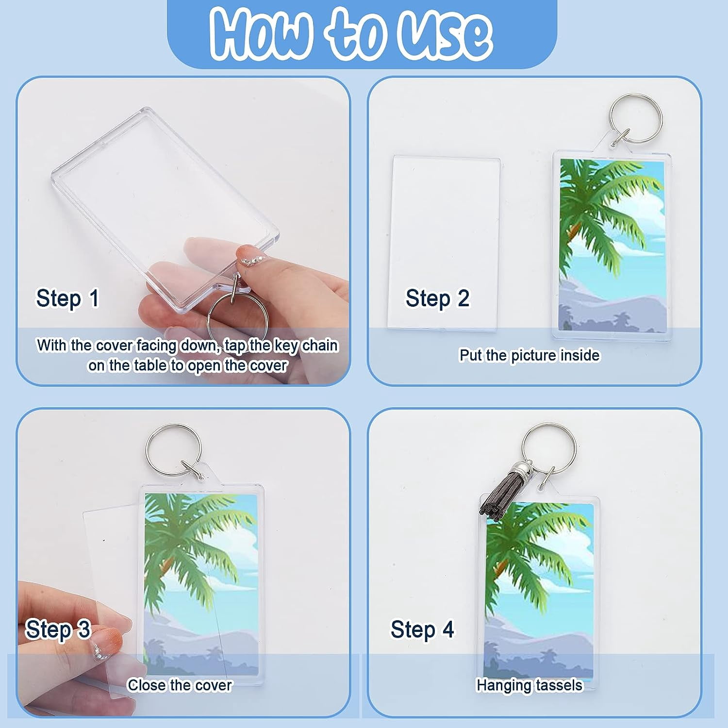 16Pcs Rectangle Acrylic Photo Frame Keychain with Iron Key Ring with 16Pcs 8 Colors Suede Tassels Mixed Color 3.8~12.2x1cm