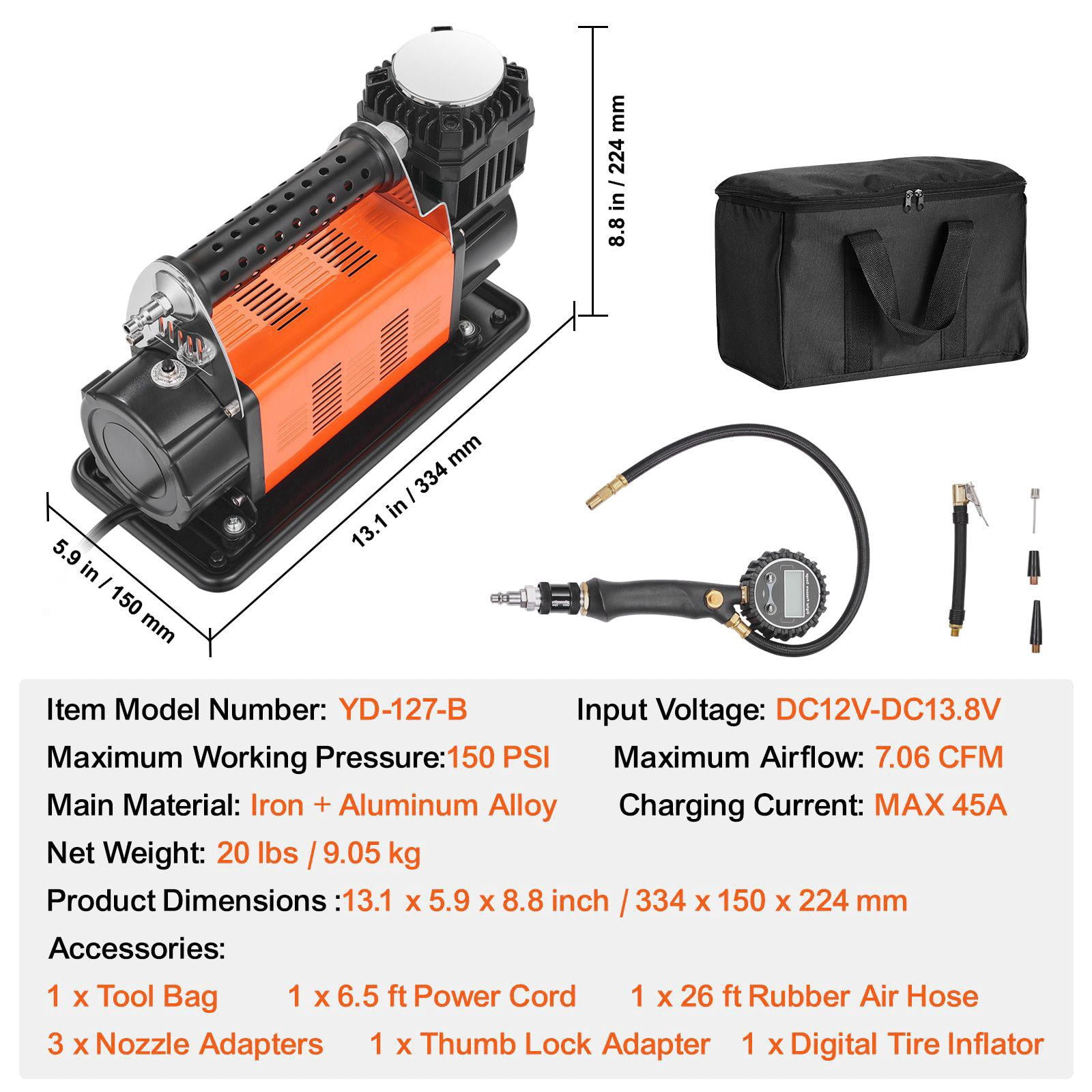 12V Heavy Duty Air Compressor Tire Inflator Kit Digital Pressure Gauge 7.06 CFM Portable Pump 150PSI Off Road Air Pump Adapter for Trucks Cars SUVs 4WDs Motorhomes