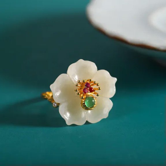 HOOUN S925 Sterling Silver Natural Nephrite Jade Women Lucky Craved Flower Ring