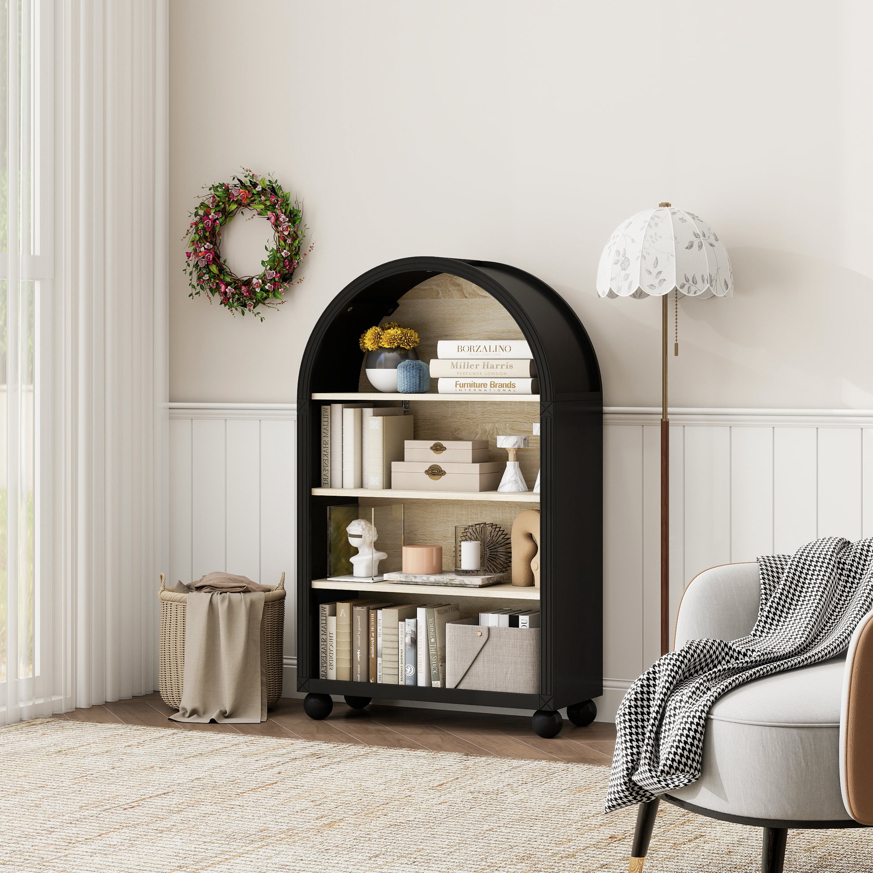 4-Tier Storage Cabinet with Carved Edges, MDF Bookcase with Black Metal Frame & Hand-Painted Finish, Freestanding Display Shelf for Living Room, Study, or Office (70.5X30X116 cm)