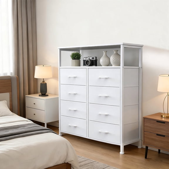 White 8-Drawer Tall Fabric Dresser with Open Shelves, Storage Tower Organizer for Bedroom, Closet & Hallway