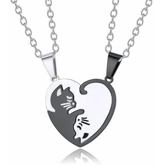 Best Friend Heart Yin Yang Cat Friendship Necklace For Women Men Black & White Matching Puzzle Cat Couples Necklace Relationship Jewelry Gift for Couples Best Friends