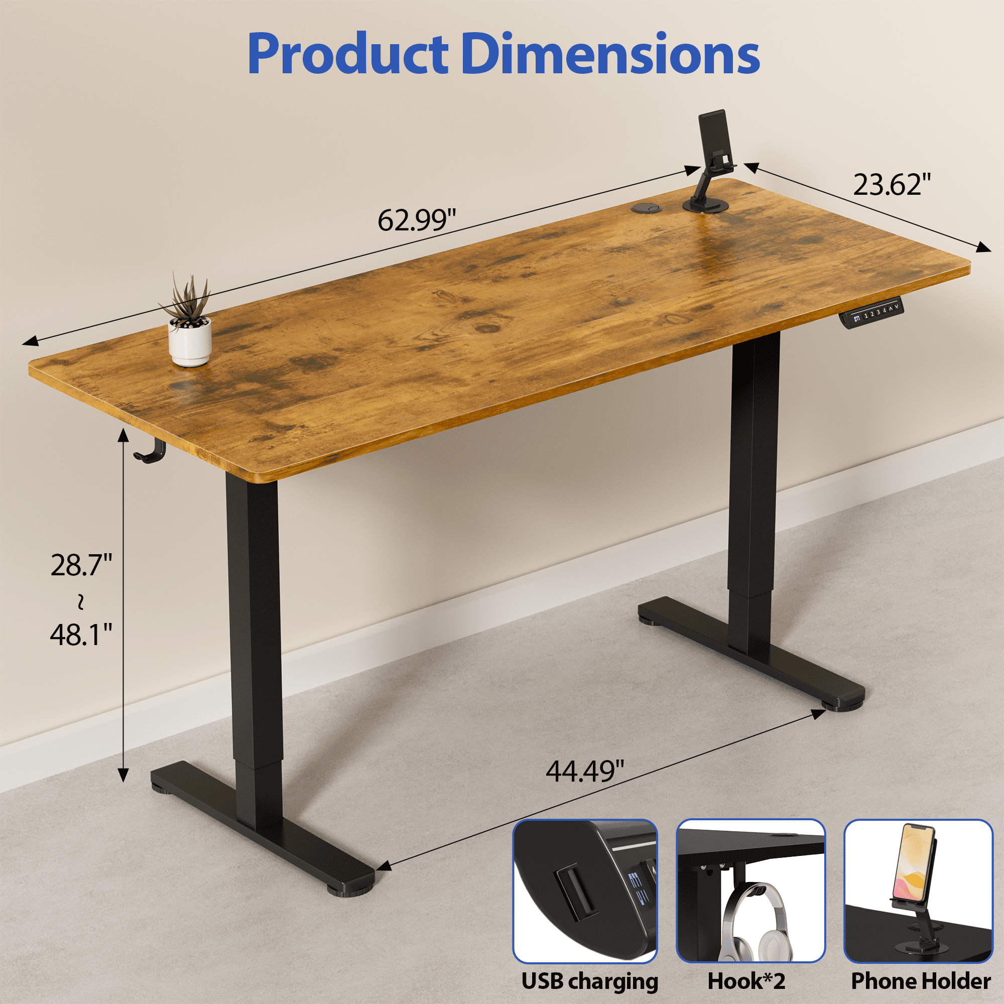 Lacoo 63" x 24" Sit to Stand Desk Height Adjustable Standing Desk Electric Stand up Table with Phone Stand, Rustic Brown