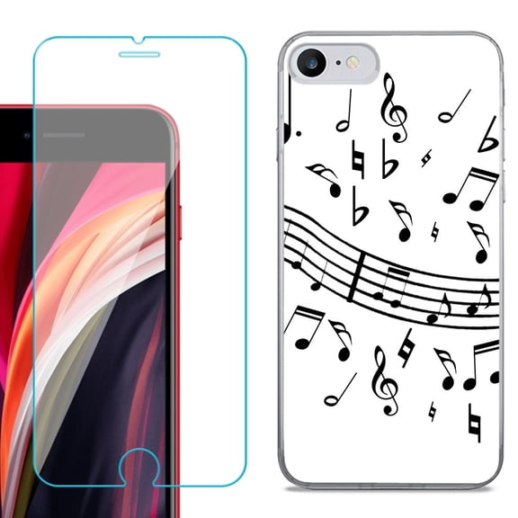 Slim-Fit Fashion Gel Phone Case for iPhone SE 2022, with Tempered Glass Screen Protector, by OneToughShield ® - Music Notes / White