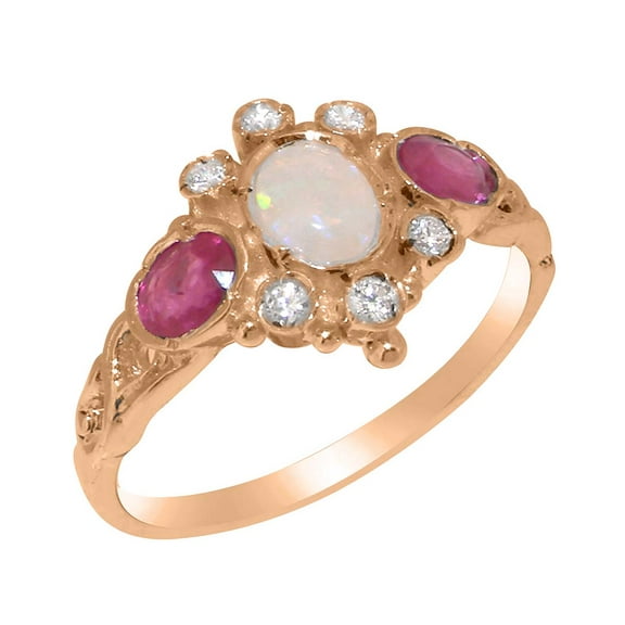 LBG British Made 18k Rose Gold Natural Opal Ruby Diamond Womens Anniversary Ring - 33 size options - Size 10