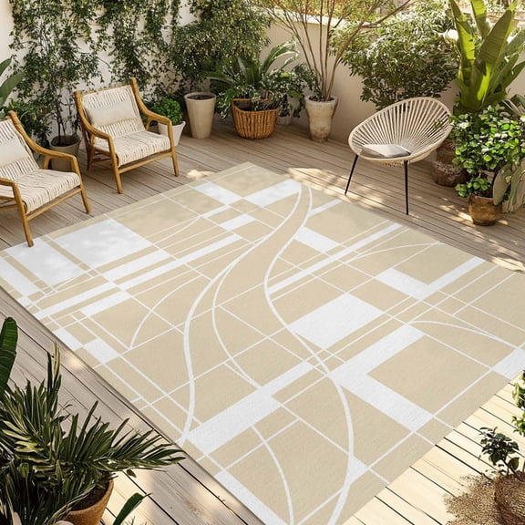 Beige Geometric Outdoor Rug for Patio/Deck/Porch, Non-Slip Large Area Rug 4 x 6 Ft, Modern Abstract Art Stripes Indoor Outdoor Rugs Washable Area Rugs, Reversible Camping Rug Carpet Runner
