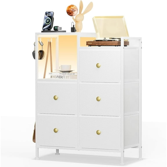 CQAOE Nightstand with Charging Station, 5-Drawer White Bedside Table with LED Lights and Open Shelf, Modern Night Stand for Bedroom Storage and Organization, Glacier White