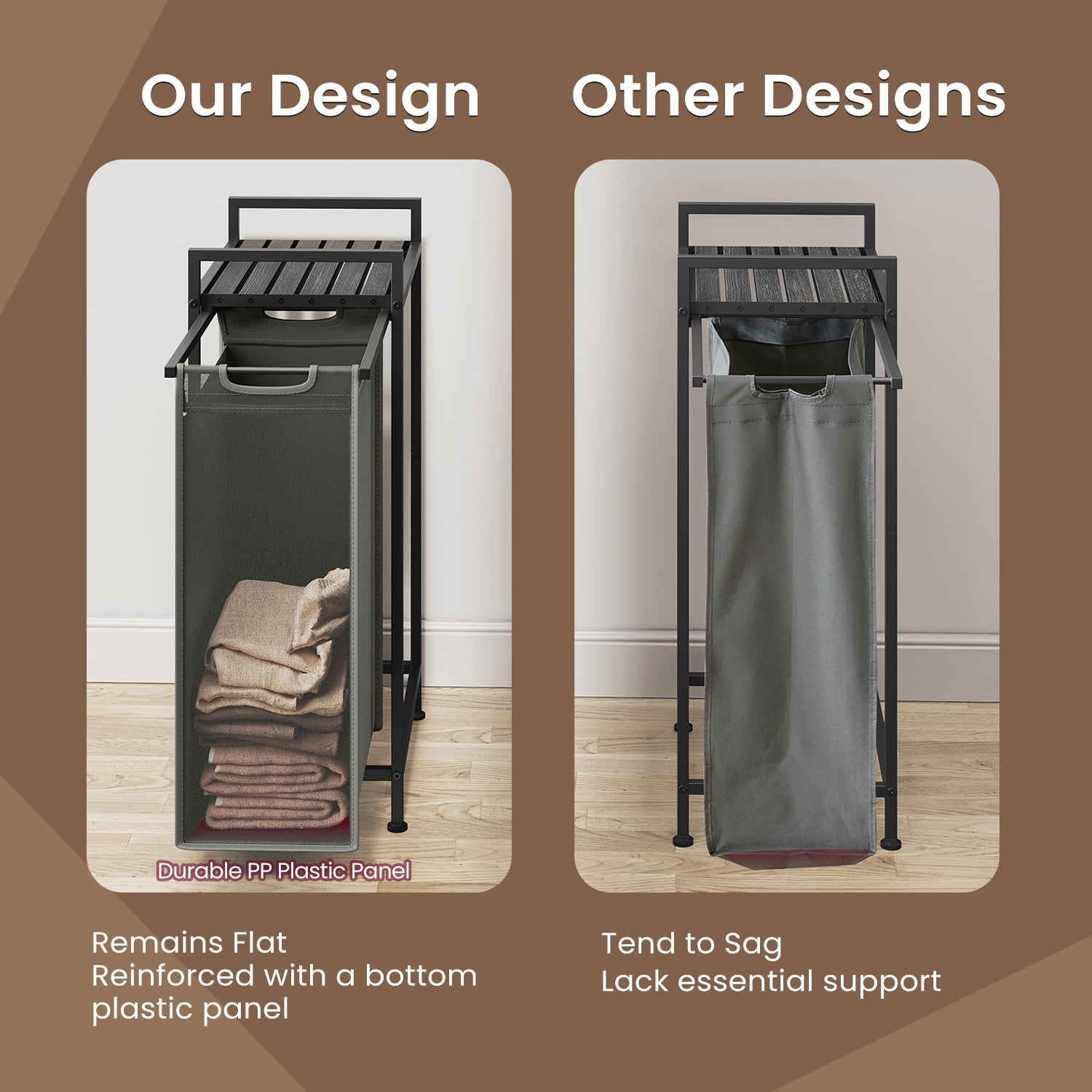 LEDREM 3-in-1 Laundry Hamper with Shelf & Removable Bags, 17.2 Gal Capacity, Steel Frame, Space-Saving Design, for Home Use, Gray and Black