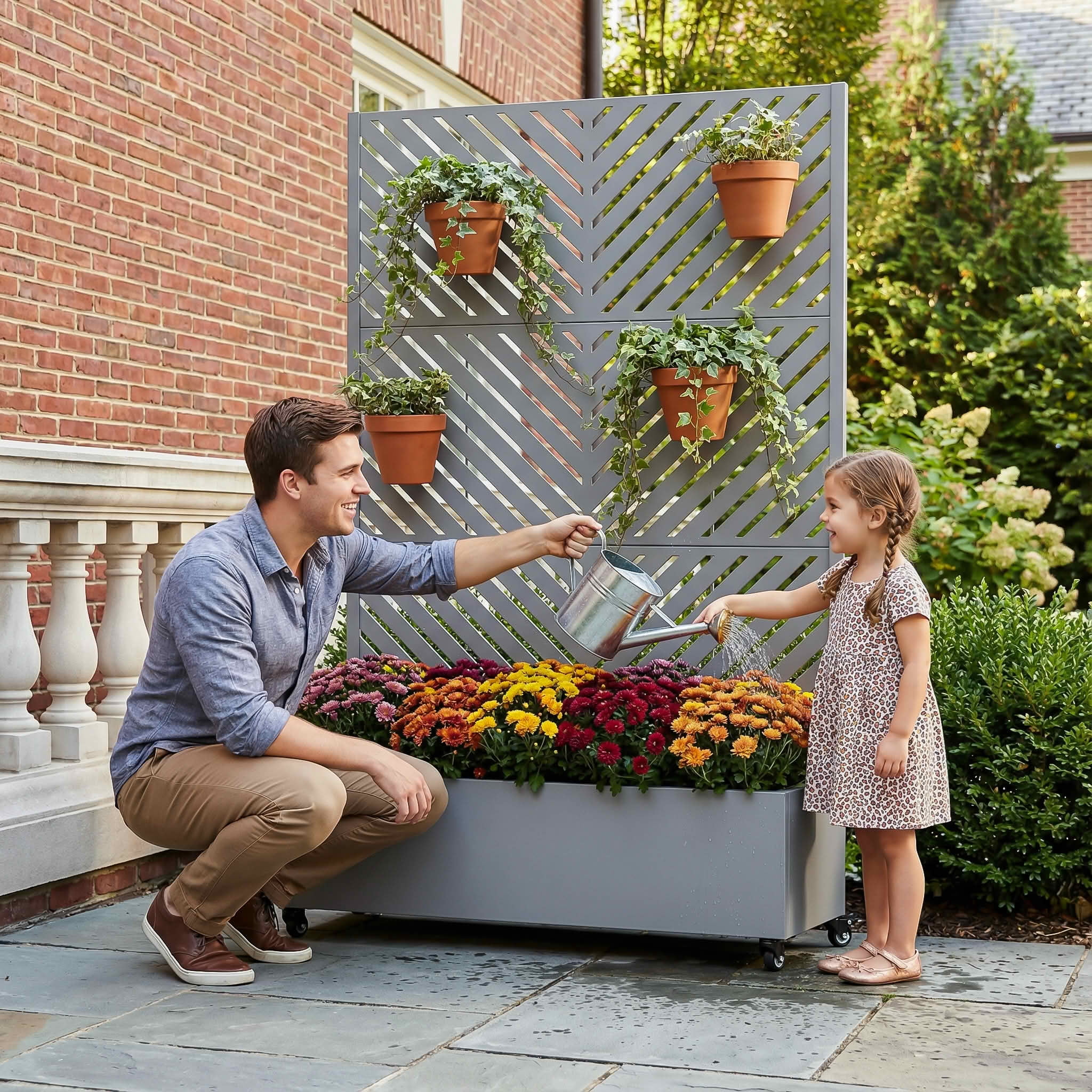 MAYEERTY 72X47" Metal Outdoor Gray Privacy Screen with Planter Box for Backyard & Garden, 3 Piece Set