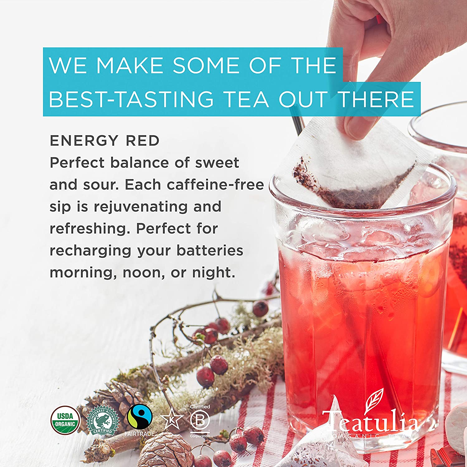 Teatulia Organic Energy Red Herbal Tea Canister 30ct Standard Tea Bags