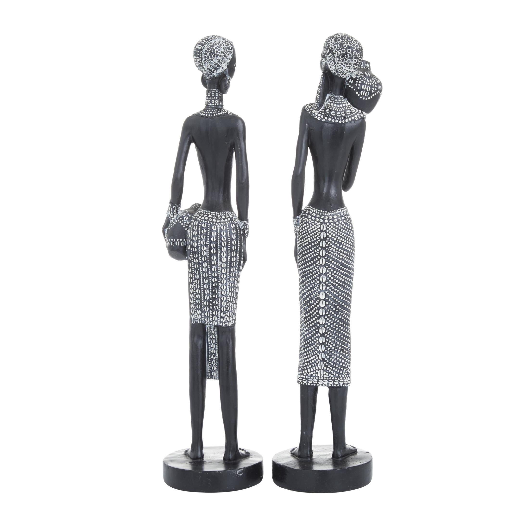 3"W, 14"H Black Polystone Standing African Woman Sculpture with Intricate Details, by DecMode (2 Count)