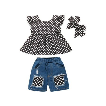 

Infant Girl’s Print Fly Sleeve Tops and Patchwork Denim Shorts with Headband