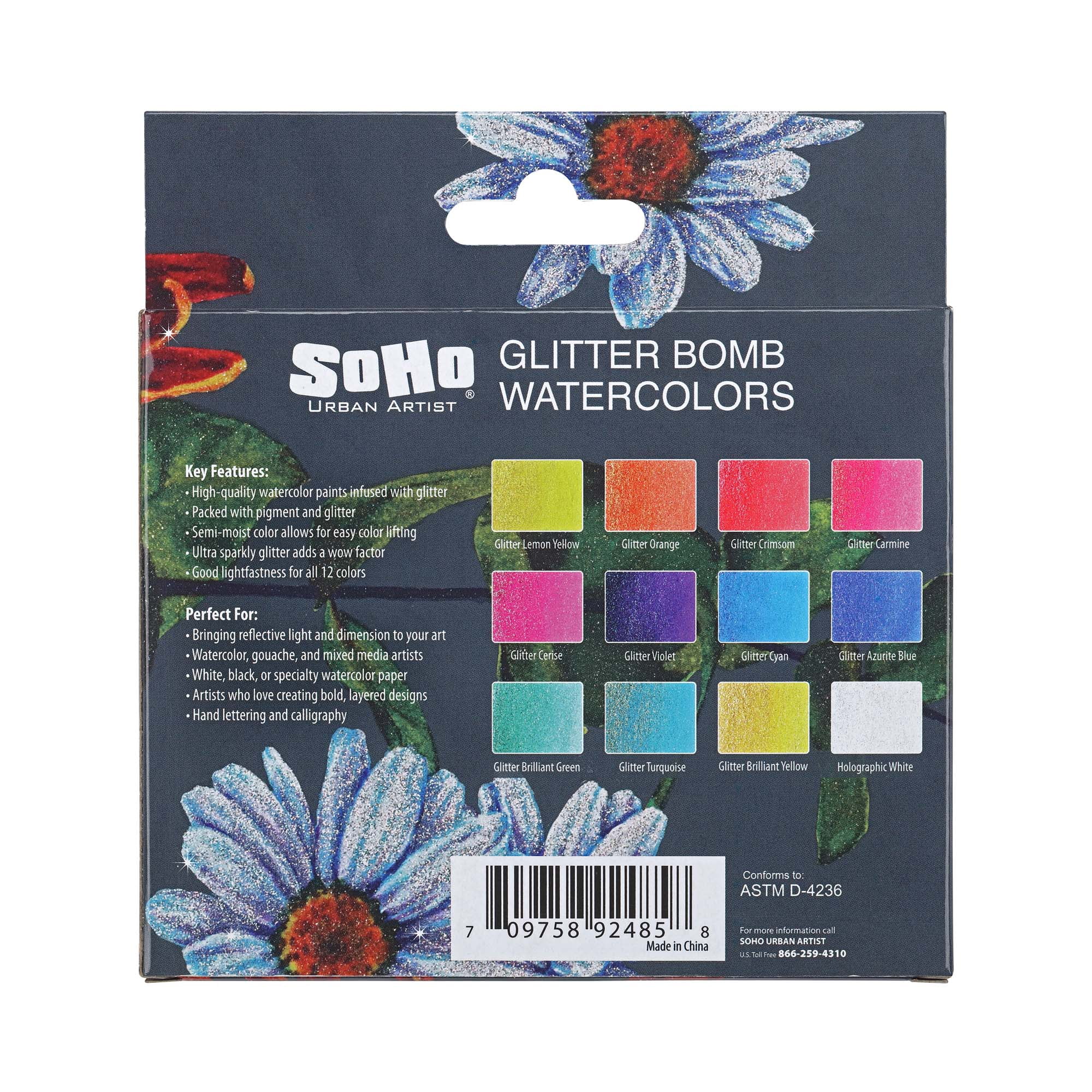 SoHo Urban Artist Glitter Bomb Watercolor Paints - 12 Glitter Watercolor Paint Colors, Semi-Moist, Ultra-Sparkly for Shimmering Mixed-Media Art & Journaling