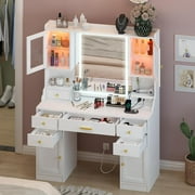 White Makeup Vanity Desk with Mirror and Lights, Large Vanity Table Set with Charging Station, Dressing Table with RGB Cabinets, Makeup Vanity Mirror with Lights Desk and Drawers, 3 LED Lights Modes