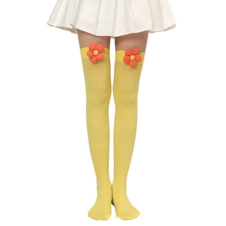 

Sofullue Japanese Style Silky Thigh High Socks Cute 3D Flower Bowknot Sweet Solid Candy Color Over Knee Long Stockings for Women