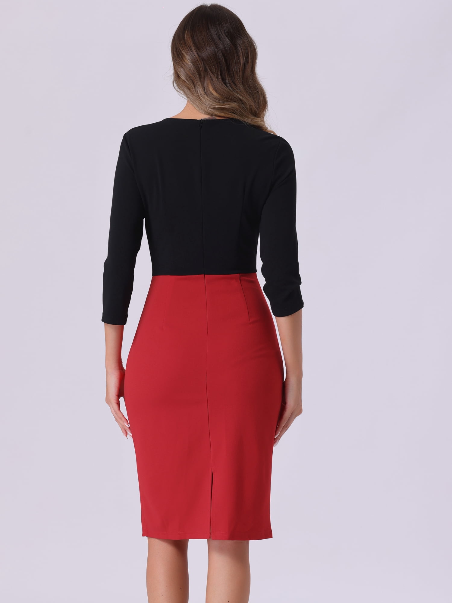 DARING DIVA Round Neck 3/4 Sleeves Contrast Sheath Elegant Pencil Dress L Red