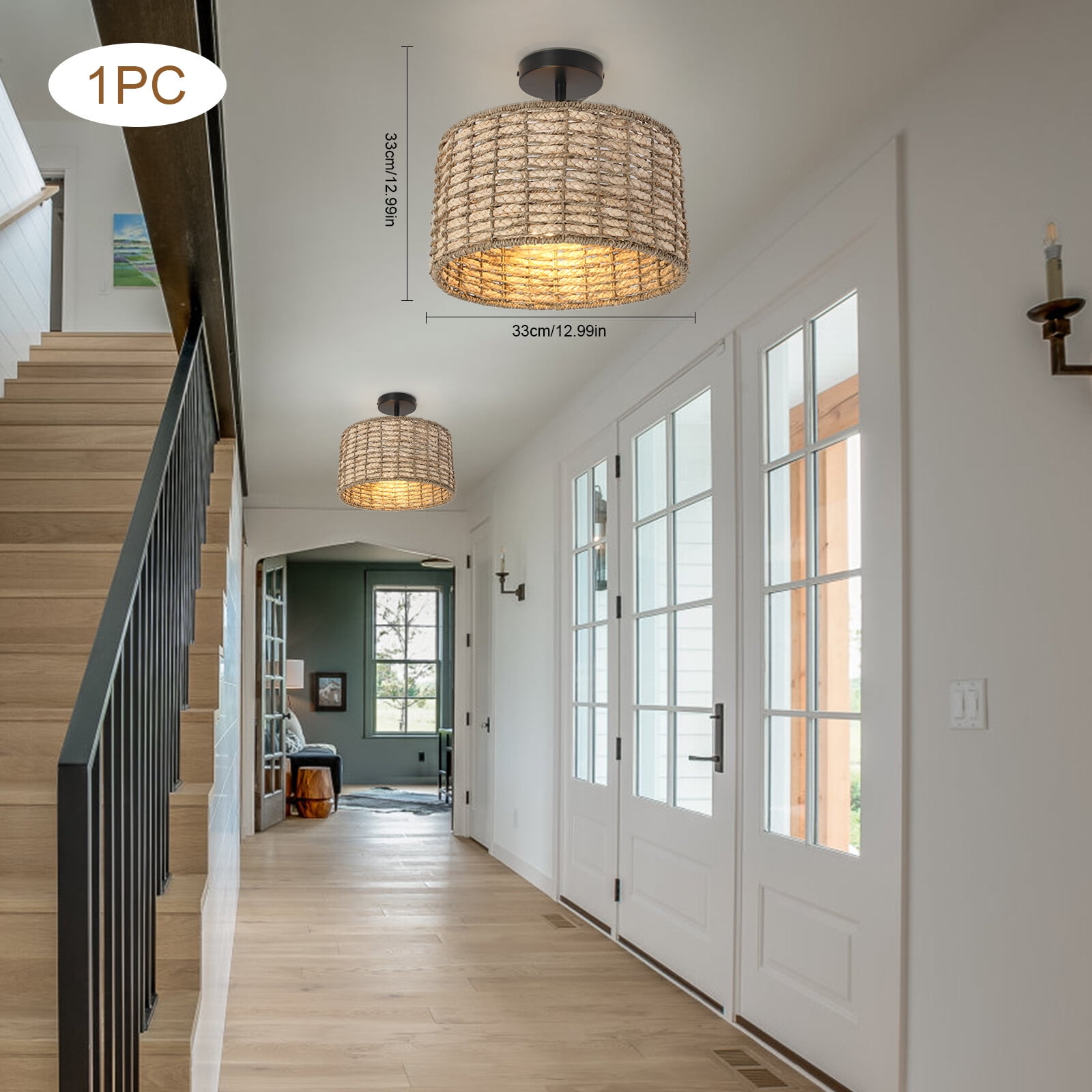 TFCFL 2-Light Vintage Rattan Pendant Light Fixture Hanging Ceiling Lamp Semi Flush Mount Chandelier