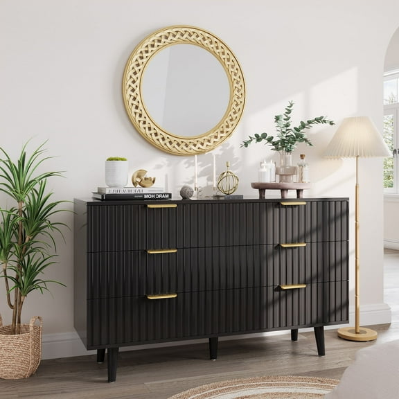 PPorfamilia 6 Drawer Dresser, Modern Fluted Chest of Drawers for Closet, Living Room, Bedroom, Black