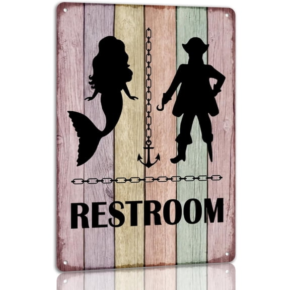 Mermaid Pirate Restroom Metal Tin Sign, Vintage Nautical Bathroom Wall Decor, Funny Beach Toilet Door Sign, 8 x 12 Inch