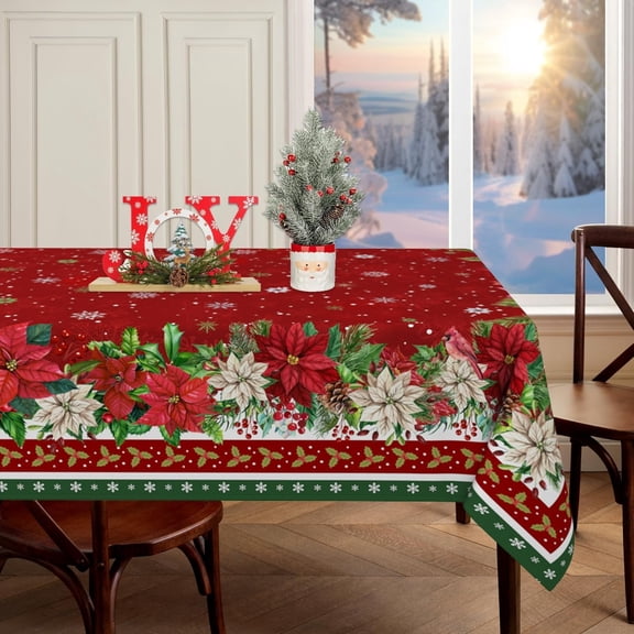 Red Christmas Tablecloth Rectangle 60x90 Inch, Holly Poinsettia Flowers Xmas Tablecloths Rectangular Christmas Table Cloth Cover for Dinner Kitchen Party Decorations