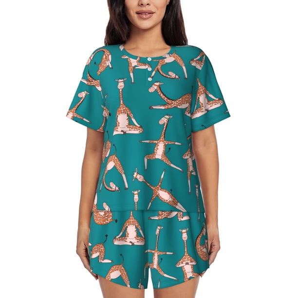 Balery Giraffes Doing Various Yoga Conjunto de Pijama para Mujer con Estampado, Dos Piezas de Manga Corta y Shorts, Ropa de Dormir Suave con Cuello Redondo y Bolsillos-Small