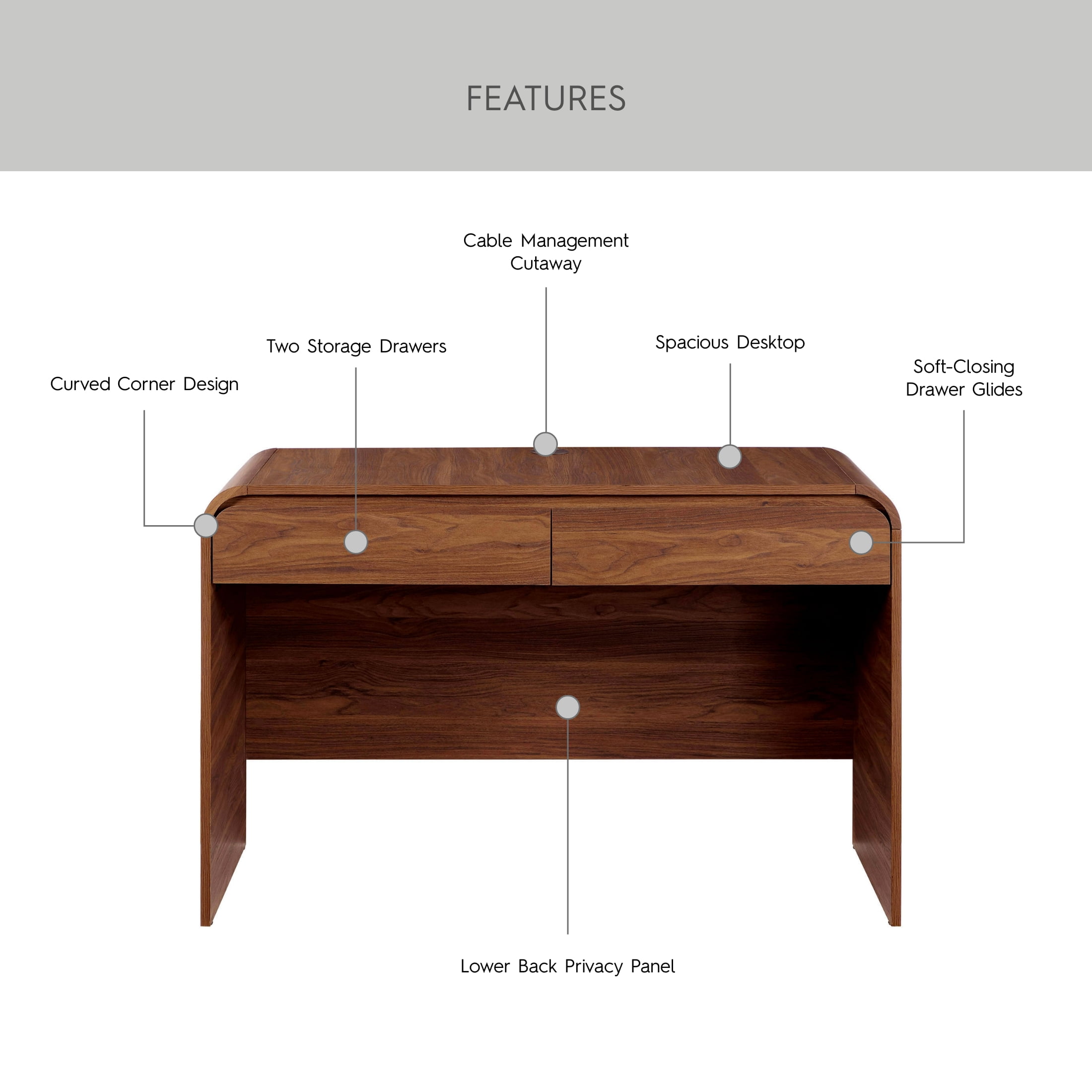 Better Homes & Gardens Juliet Curved Desk with Storage, Walnut Finish