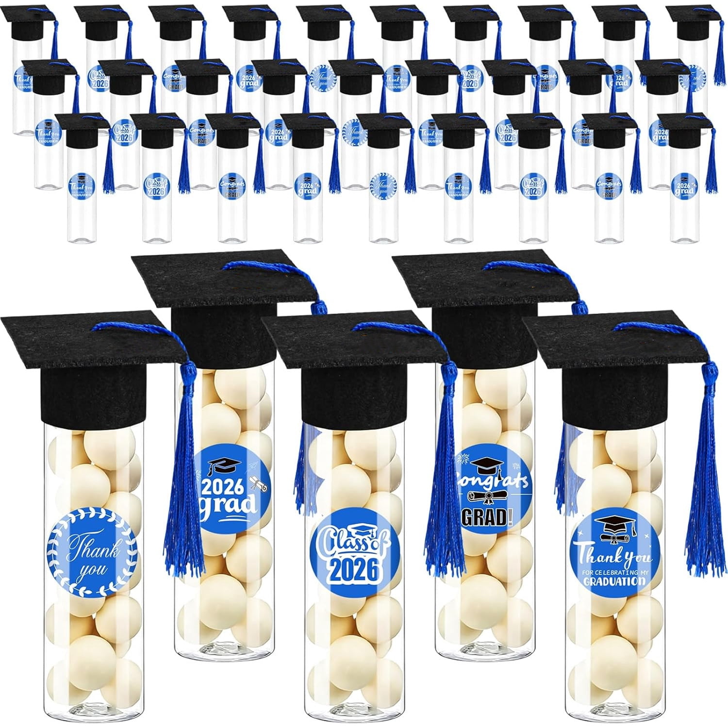LEJHVAQK Party Supplies 30-Pack Graduation Candy Tubes with Mini Caps and Tassels Class of 2026 Graduation Party Favor Containers DIY Clear Sweet Holders for High School College Celebration Decor