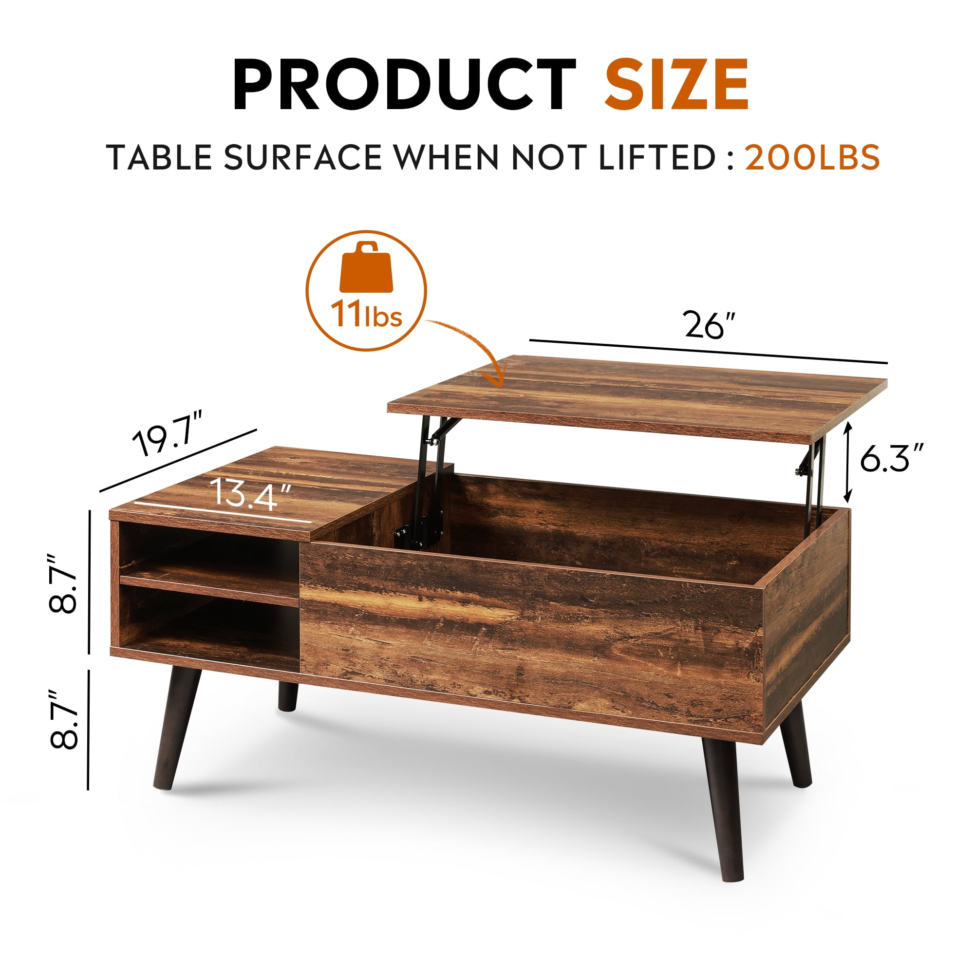 GALAXHERO Coffee Table with Removable Storage Shelves Lift Top Small Coffee Table for Living Room Rustic Brown