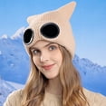 thumbnail image 5 of Xfvqtps Womens Beanie with Glasses Cute Cat Ear Knitted Crochet Solid Color Thickened Stretch Windproof Coldproof Skiing Outdoor Warm Winter Hat Khaki, 5 of 7
